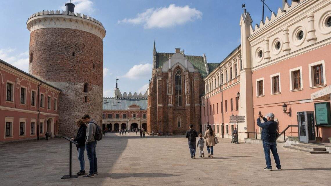 Dziedziniec Zamku Lubelskiego z bryłą kaplicy i wieżą widoczną od strony placu